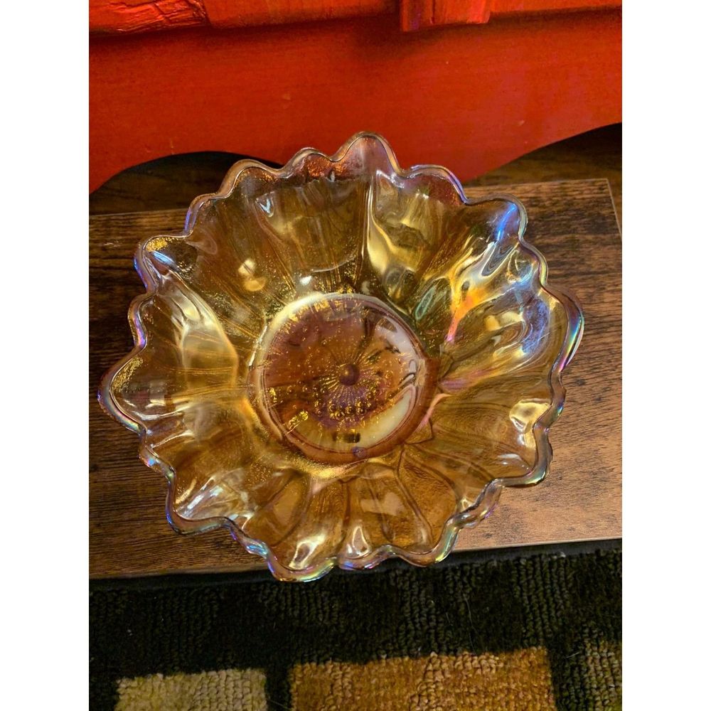 Indiana Carnival Glass Bowl Amber Color Sunflower Lilly Pond Sparkle Shine EUC